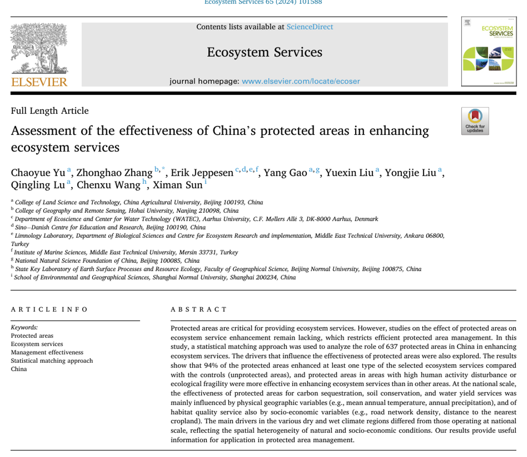  Assessment of the effectiveness of China’s protected areas in enhancing ecosystem services
