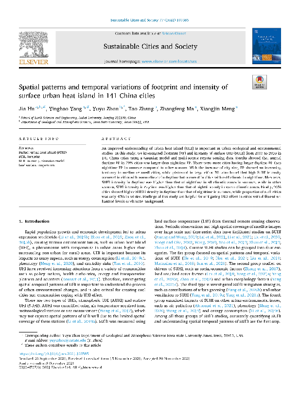 Spatial patterns and temporal variations of footprint and intensity of surface urban heat island in 141 China cities