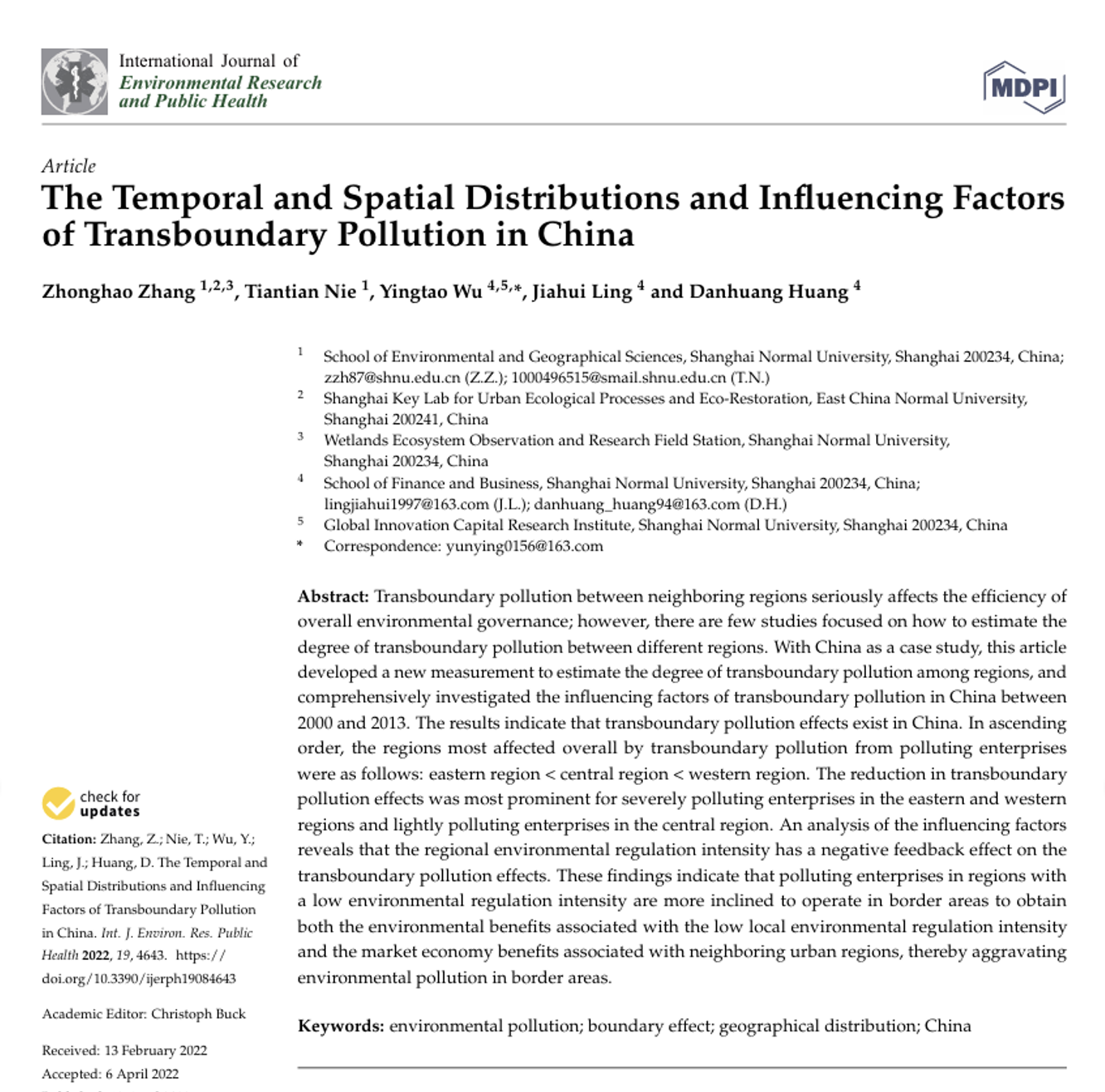 The temporal and spatial distributions and influencing factors of transboundary pollution in China​ ​